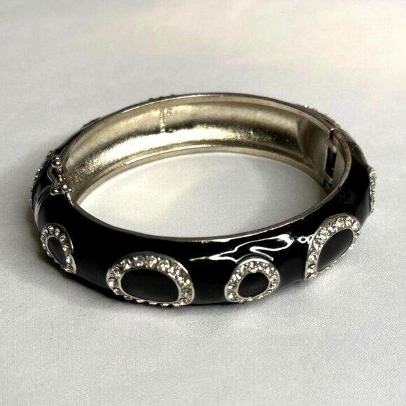 Black Enamel & Rhinestone Oval Design Bangle Bracelet By Lia Sophia Silver-tone - Picture 6 of 6
